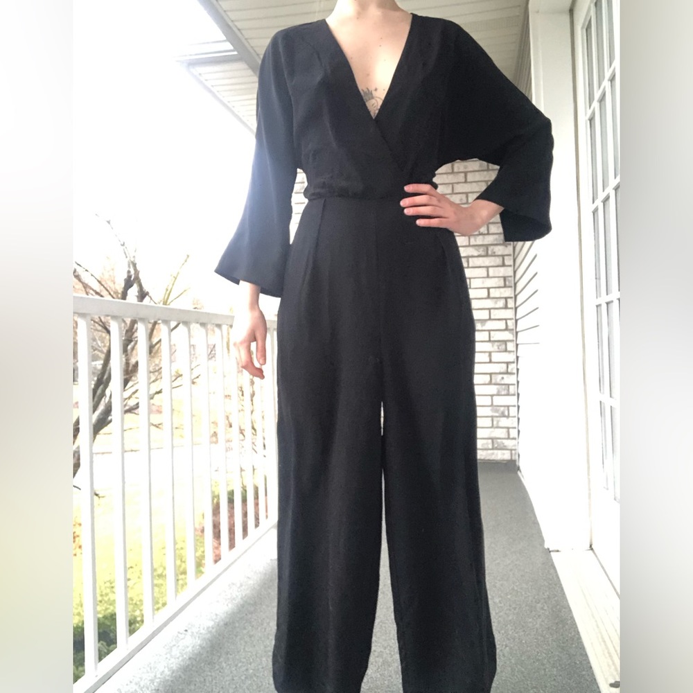 Black deep v neck tie jump suit